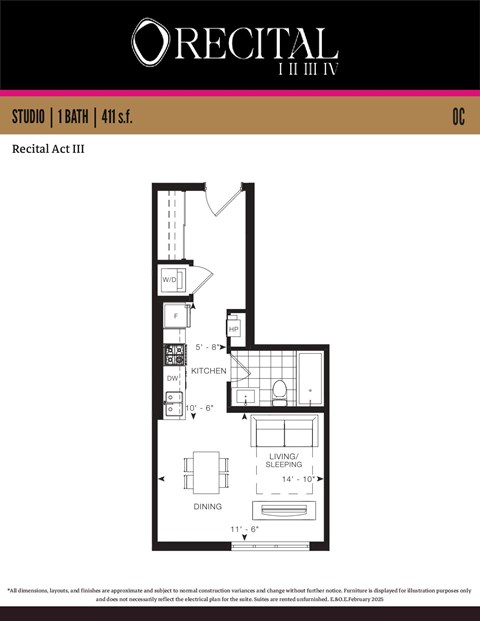 Floor plan for studio, 1 bath, 411 sqft